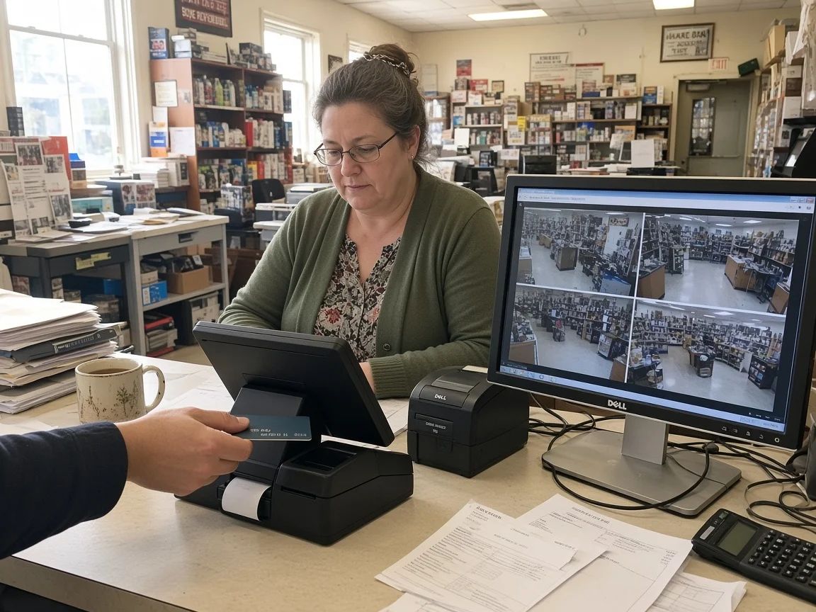 Store manager at a daylight counter with a POS terminal and a monitor showing a four-camera live grid
