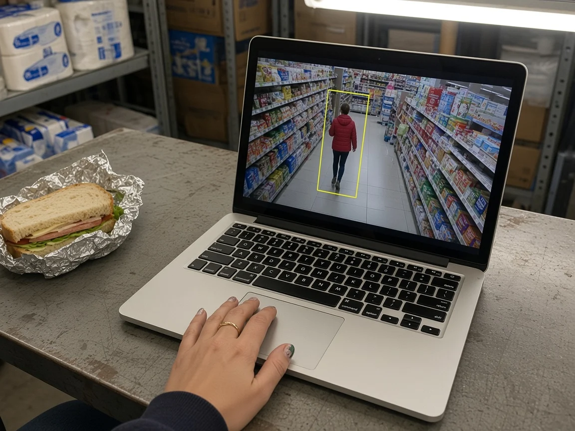 Laptop on a break-table showing a grocery aisle with a yellow box around a shopper
